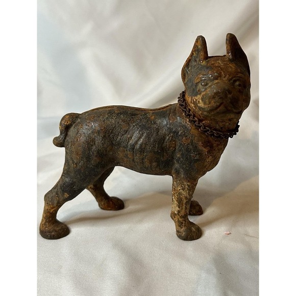 Other - Antique Cast Iron Boston Terrior Right Facing Flat Head Screw Chain Collar 5"